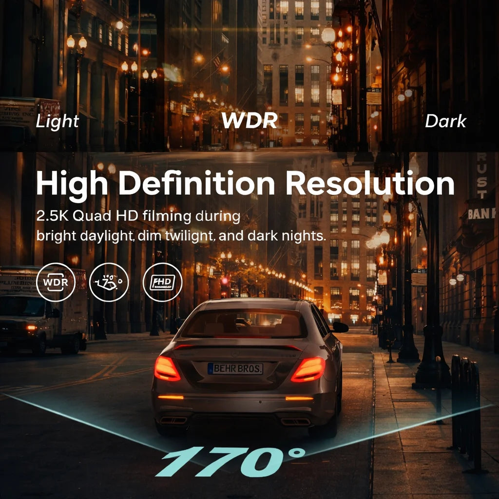 2.5K Dash Cam, 1440P QHD, 3” IPS, Night Vision, 170° Wide Angle, G-Sensor, 24H Parking Mode, Type C Car Mobile World
