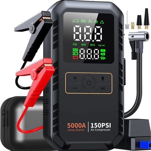 4-IN-1 Car Jump Starter with Air Compressor Peak 5000A Auto Battery Booster 150PSI Air Pump Portable Power Bank Tire Inflator CM World