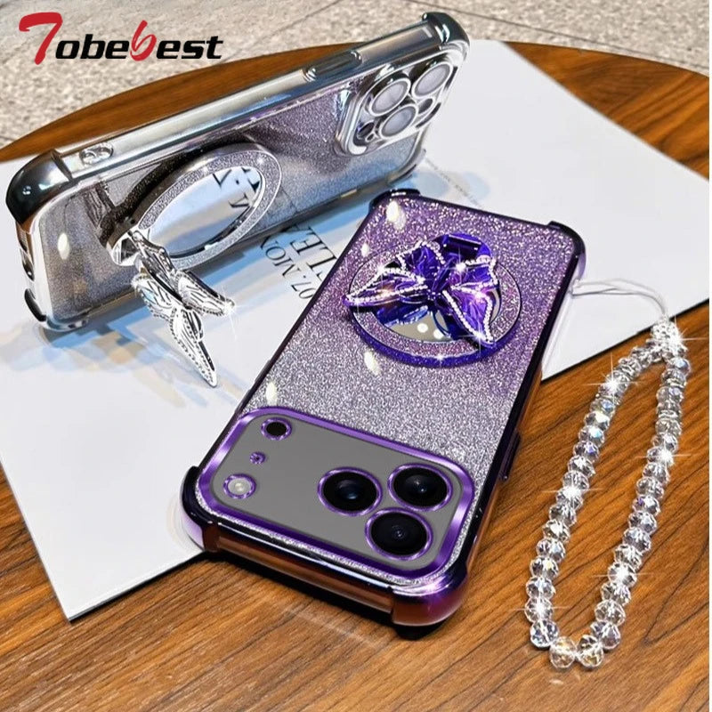 Glitter Butterfly Mirror Crystal Bracelet Case for IPhone 17 Air 16 16E 15 14 Plus 13 12 11 Pro XS Max XR X  Shockproof Cover