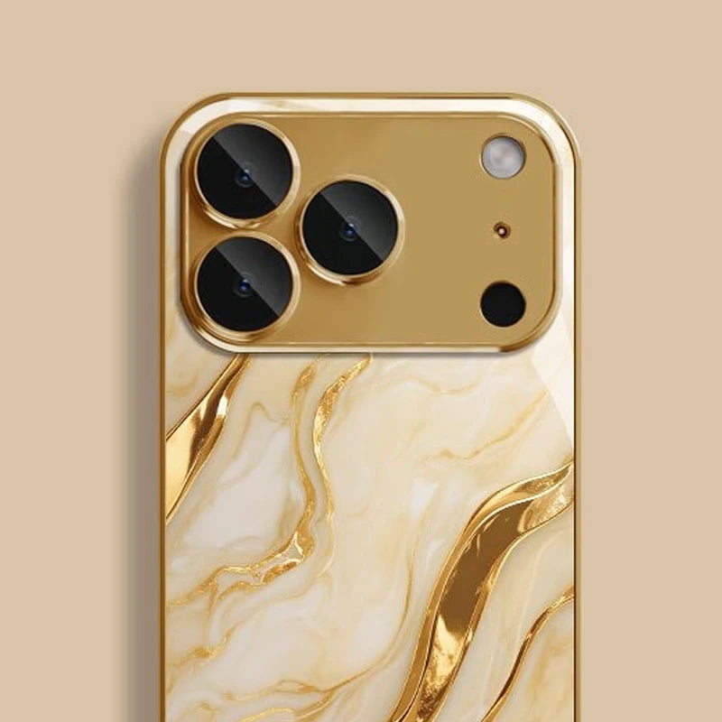 Golden Marble Waves Gold Metallic Paint Tempered Glass Phone Case For iPhone 17 Pro Max 11 12 13 14 15 16 Plus 17 Air 16E Cover Car Mobile World