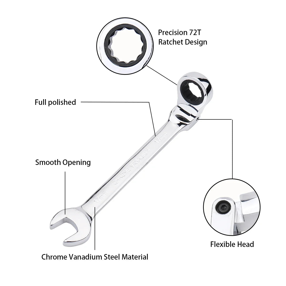 Ratchet Wrench Of Keys Spanner Set Hand Tool 72-Tooth Ratcheting Flexible Head Mirror Finish 6mm-27mm Auto And Home Repair 1 pcs