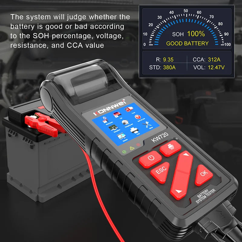 KONNWEI KW720 6V 12V 24V Battery Tester Analyzer Charging Cranking Test Tool for Car Motorcycle Truck with Integrated Printer