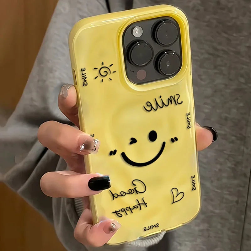 Funny Cartoon Smile Angry Face Phone Case For iPhone 17 16 15 14 13 12 11 Pro 17 15 Plus 17 Air Colorful Folds Texture TPU Cover