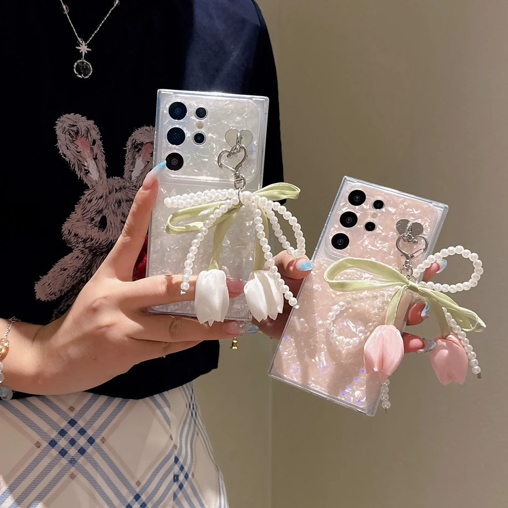 Tulip Flower Pendant Chain Glitter Bling Laser Heart Phone Case For Samung Galaxy A07 A17 A27 A37 A57 A06 A16 A26 A36 A56 Cover