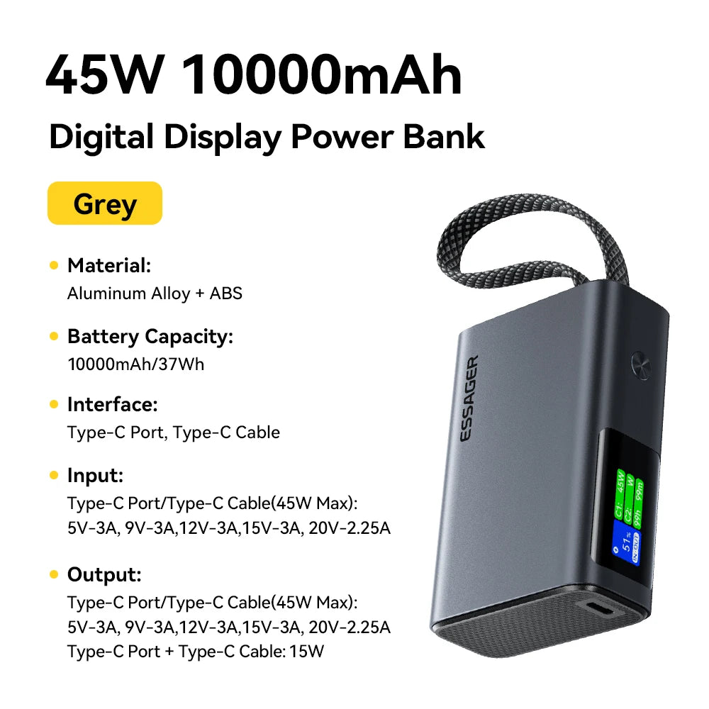 Essager 45W Power Bank 10000mAh Built-In USB-C Cable Portable Fast Charging External Battery for iPhone 17 16 15 Samsung S26 S25 Car Mobile World
