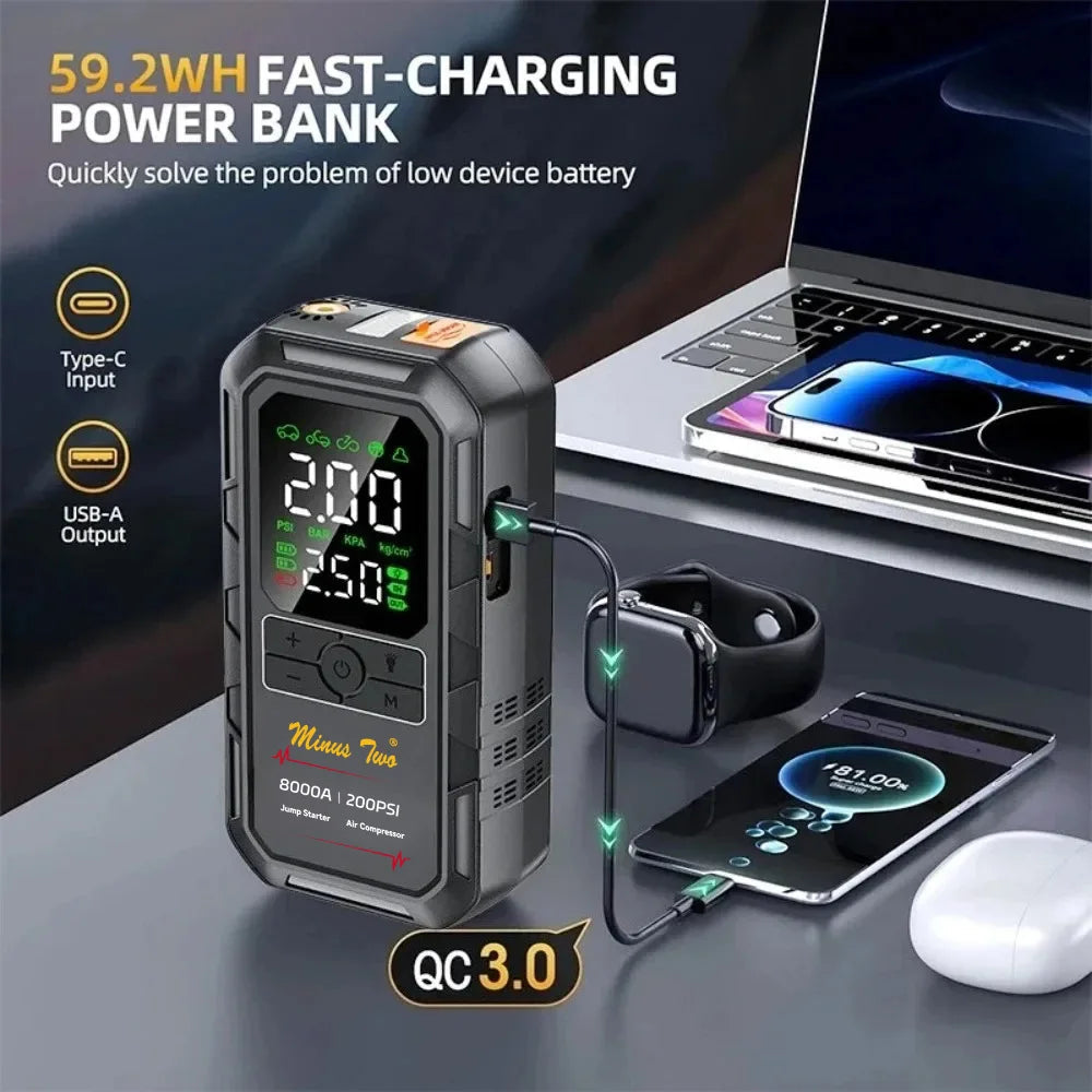 200PSI 4000A Car Jump Starter with Air Compressor Auto Tire Inflator, Large LCD Display, LED Light, for Cars, Bike & Motorcycle Car Mobile World