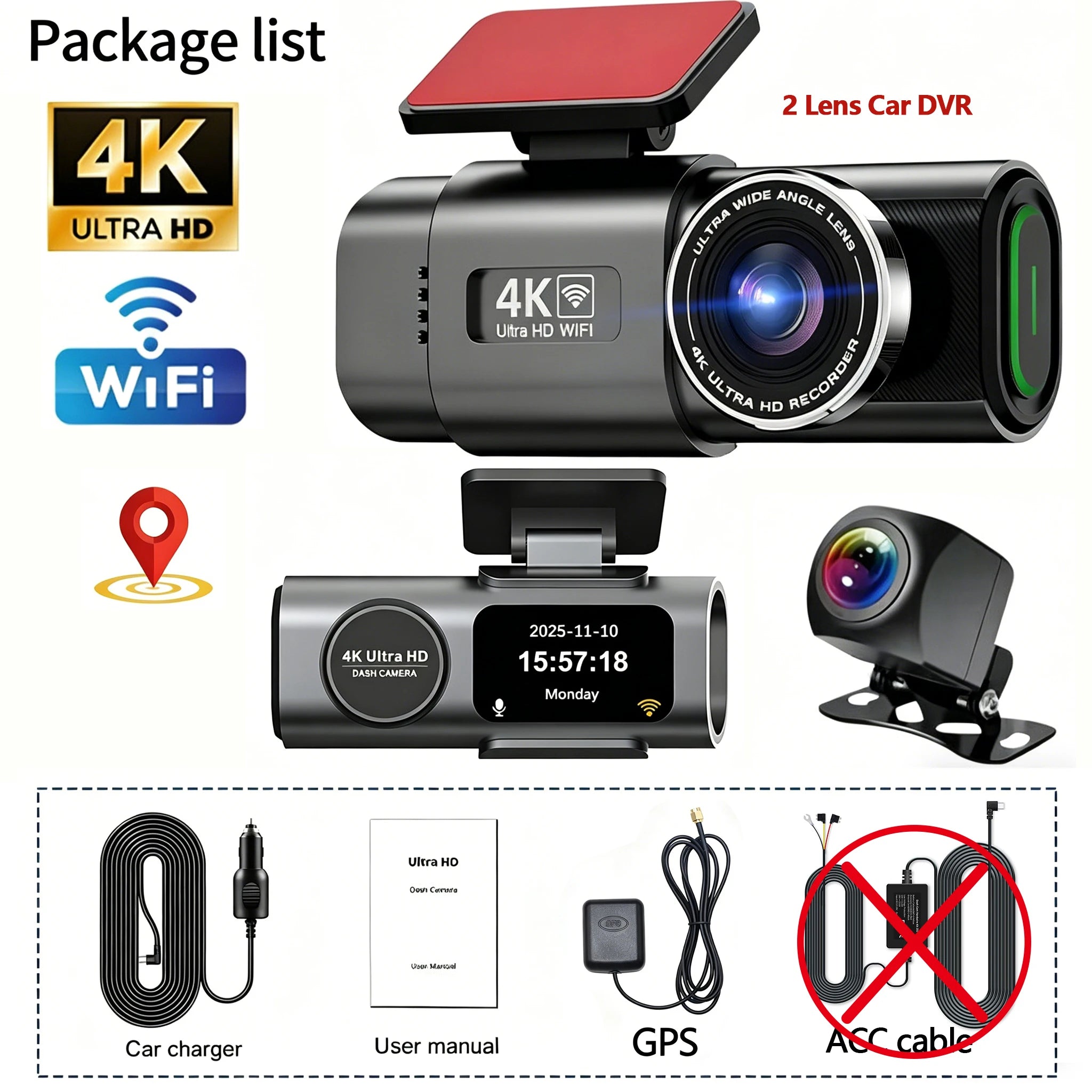 4K UHD Recording Dash Cam Video Recorder Car Camera DVR Night Vision Wi-Fi GPS 24H Parking Mini Front Rear Black Box Monitor Car Mobile World