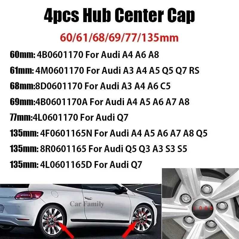 Audi 4pcs 60mm 61mm 68mm 69mm 123mm Car Styling Wheel Center Cap Hub Covers Badge for Audi A3 A4 A5 A6 A7 A8 S4 S6 Sticker CM World