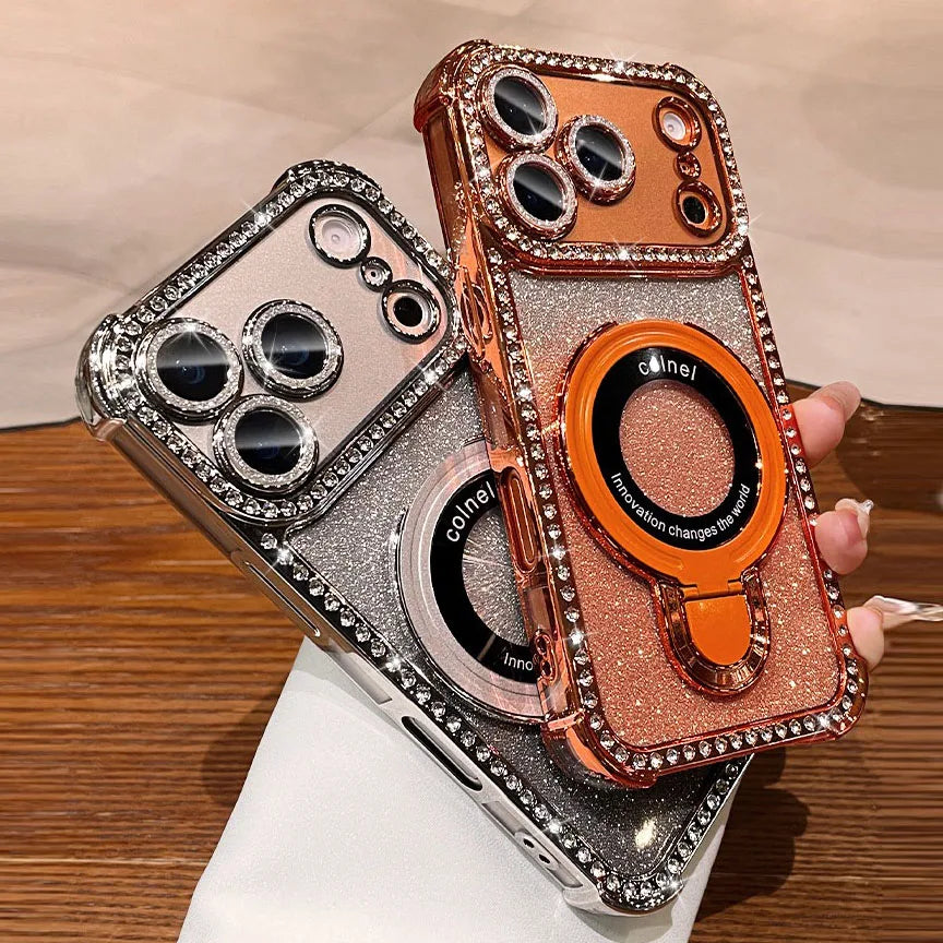 for Magsafe Bracket Case for iPhone 17 16 15 14 13 Pro Max Stand Holder Luxury Girl's Bling Diamond Bumper Camera Soft TPU Cover