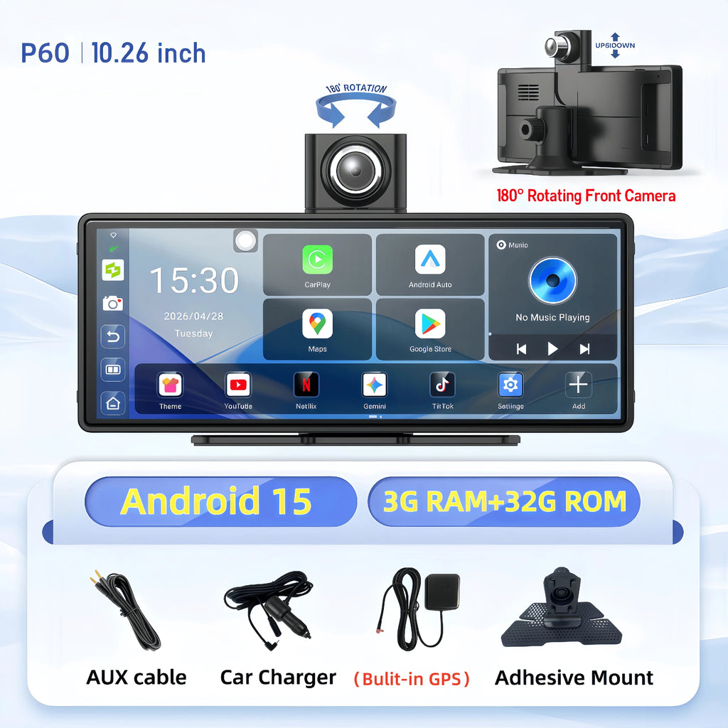 Imagebon P60 10.26" Android 15 Bulit-in GPS Wireless Carplay Android Auto Dual Camera WIFI Dashcam GPS Navigation Video Recorder Car Mobile World