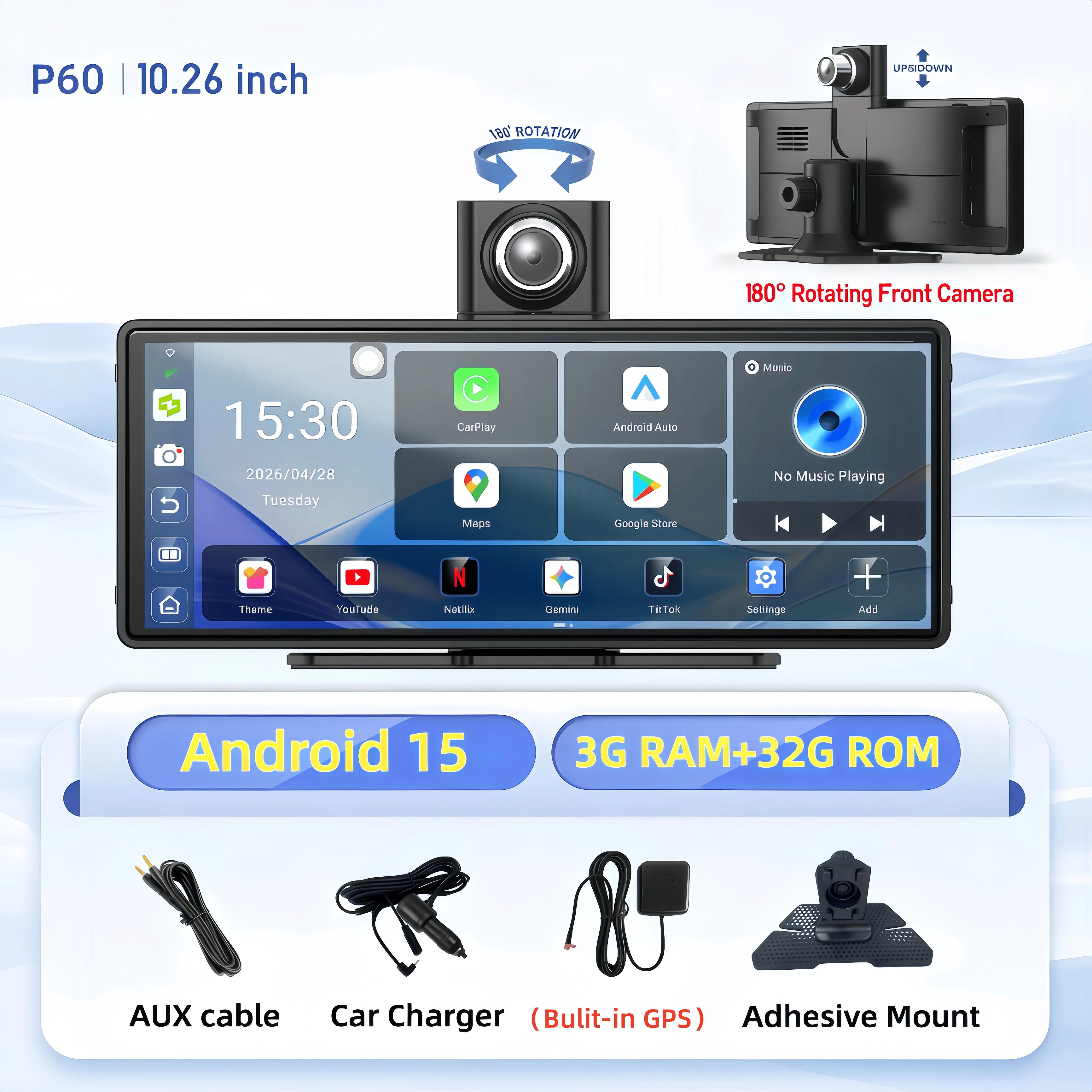 Imagebon P60 10.26" Android 15 Bulit-in GPS Wireless Carplay Android Auto Dual Camera WIFI Dashcam GPS Navigation Video Recorder Car Mobile World
