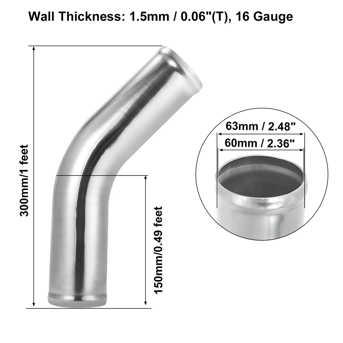 UXCELL 45 Degree Intercooler Pipe 63mm 70mm 76mm OD 300mm 500mm Long Aluminum Alloy Tube Intercooler Pipe Air Intake Tube