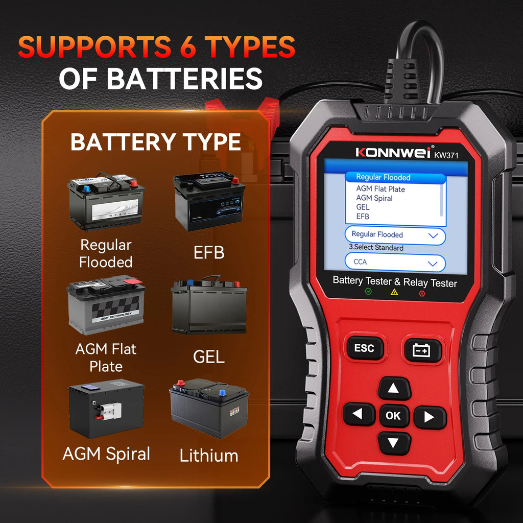 2026 KONNWEI KW371 2in1 Car Battery Tester & 4 Pin 5 Pin Relay Tester 6V 12V 24V Fault Data Print Start Test Charging Scan Tool