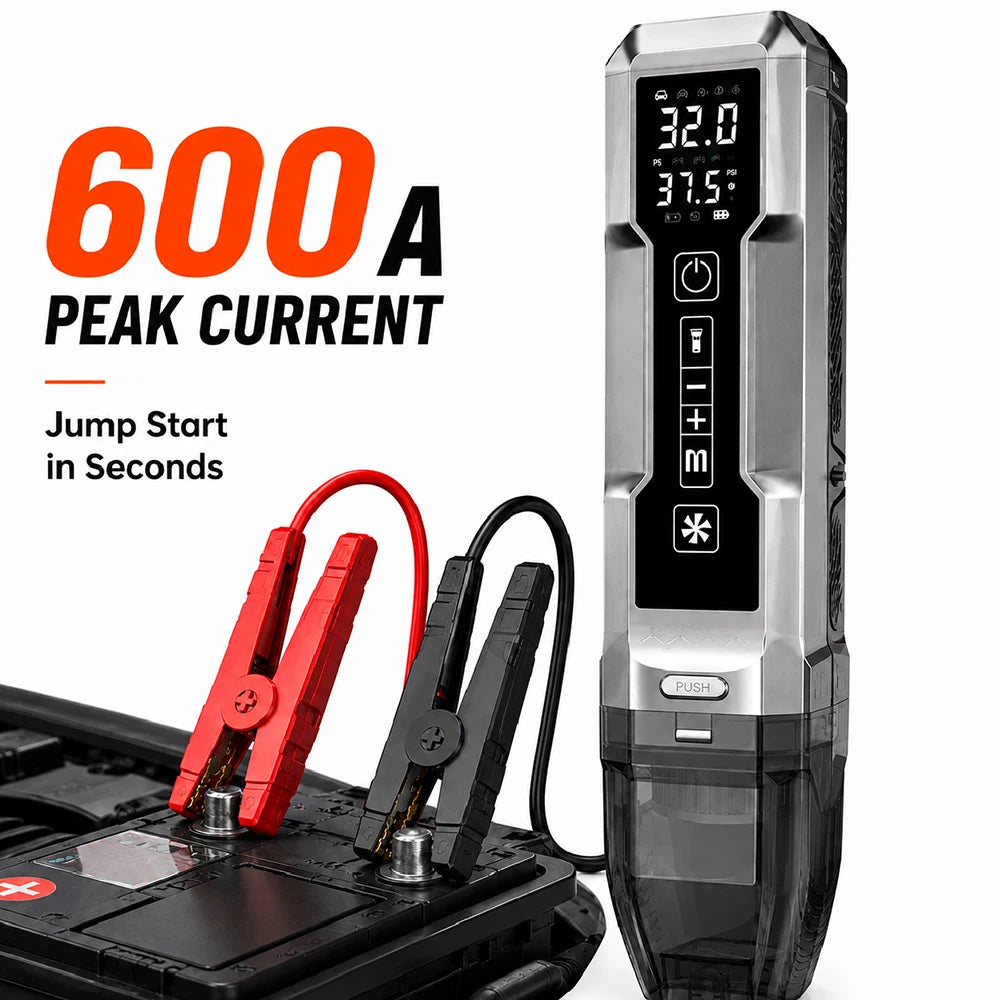 Vyvylabs Car Jump Starter Tire Inflator Vacuum Cleaner LED Emergency Light Portable Battery Booster 4-in-1 Roadside Rescue Tool