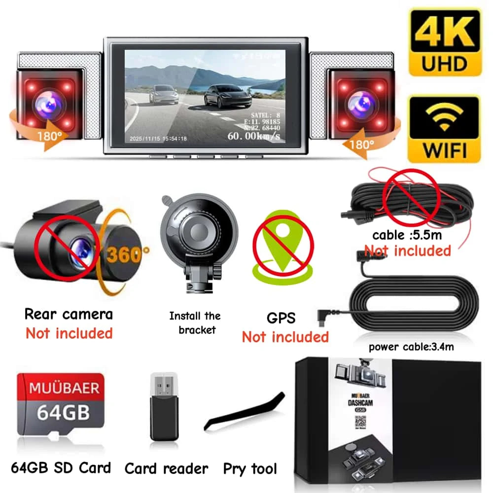 4K 360° 4-Channel Dash Cam with 5.8GHz WiFi & GPS | 4K Front+1080P Left/Right/Rear, 3" IPS Screen, Night Vision, Loop Recording Car Mobile World
