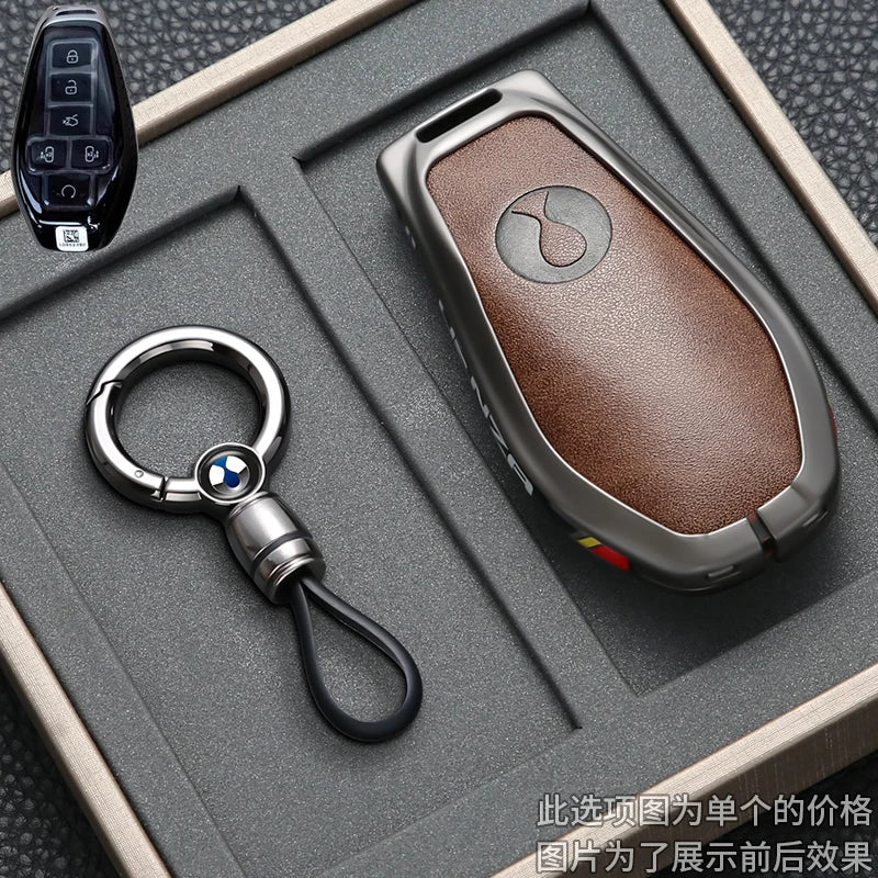 Car Key Case Cover for Denza N9 Smart Remote Key Protector Leather Car Key Case Cover Keychain Zinc Alloy Interior Accessories CM World