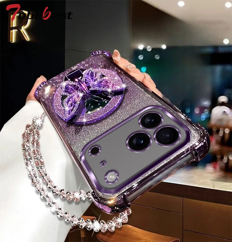 Glitter Butterfly Mirror Crystal Bracelet Case for IPhone 17 Air 16 16E 15 14 Plus 13 12 11 Pro XS Max XR X  Shockproof Cover