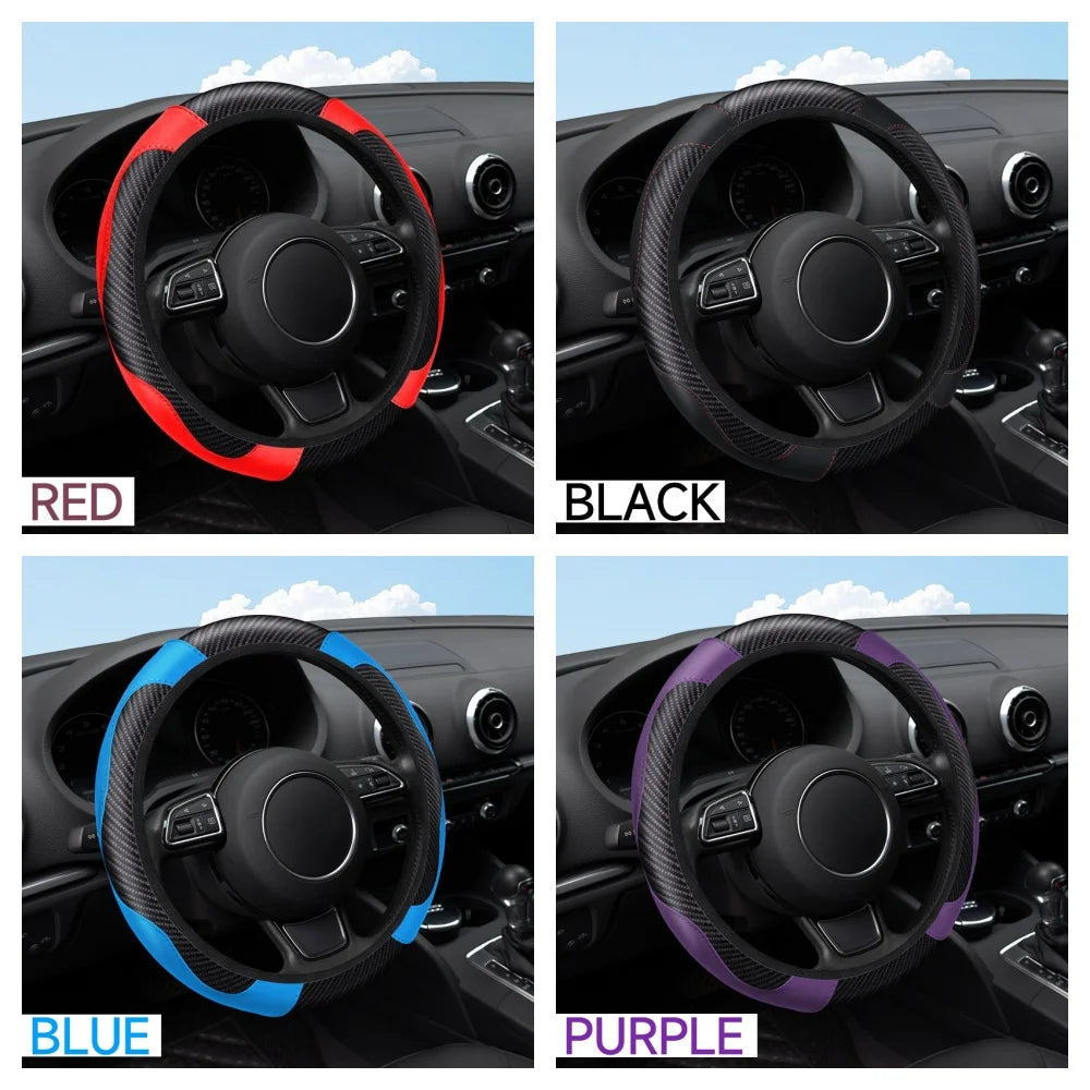 Universal Car Steering Wheel Cover Carbon Fiber Leather Embossed Car Handle Cover Suitable For Car Steering Wheels Men Women CM World