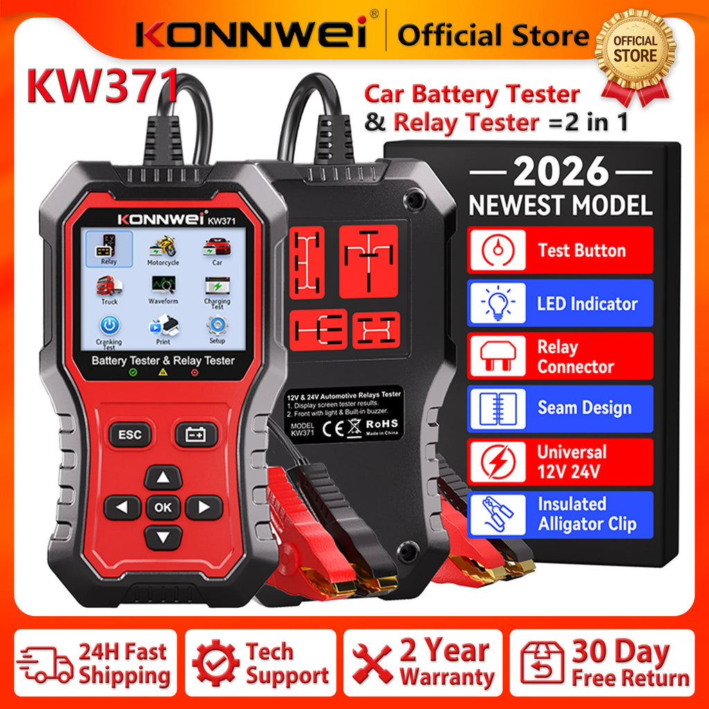 2026 KONNWEI KW371 2in1 Car Battery Tester & 4 Pin 5 Pin Relay Tester 6V 12V 24V Fault Data Print Start Test Charging Scan Tool