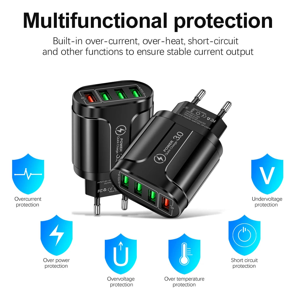 Vumpach 4 Ports USB Fast Charger Quick Charge 3.0 48W Wall Mobile Phone Fast Charging For iPhone Samsung Xiaomi  Adapter Travel Car Mobile World