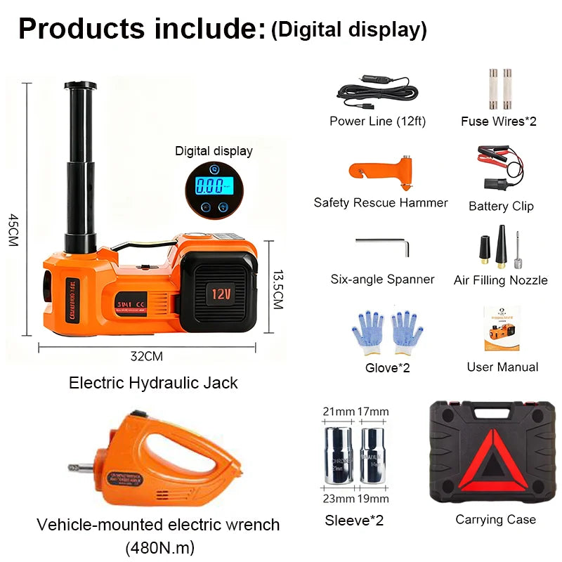 Electric Car Jack 5T Hydraulic Car Jack with Built-in Inflatable Pump and LED Light Car Jack for SUV Truck Change Tire 150~450mm CM World