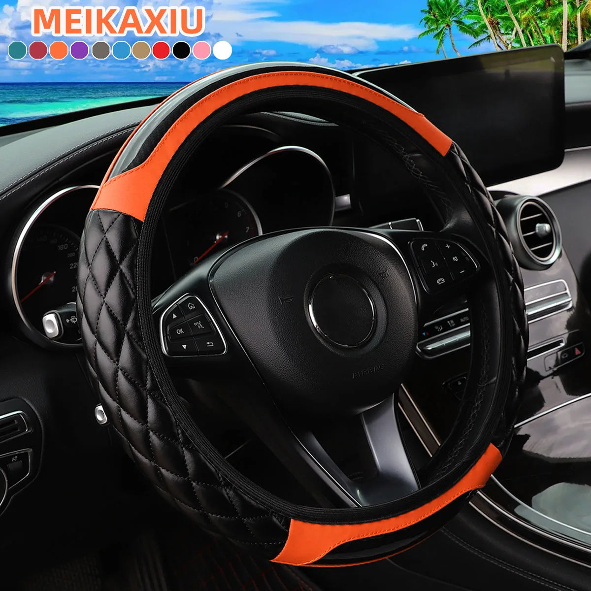 PU Soft Leather Crystal Carbon Fiber Embroidered Car Rimless Steering Wheel Cover for 14.5 - 15 Inch Car Interiors