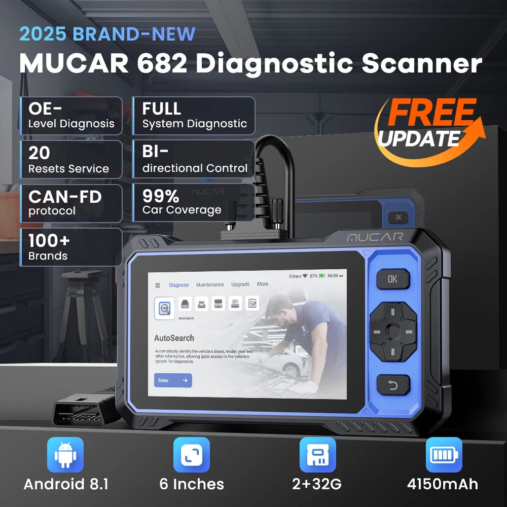 MUCAR 682 Auto OBD2 Scanner Lifetime Free Update Full System Clear Code Bidirectional Control 20 Reset CANFD Car Diagnostic Tool Car Mobile World