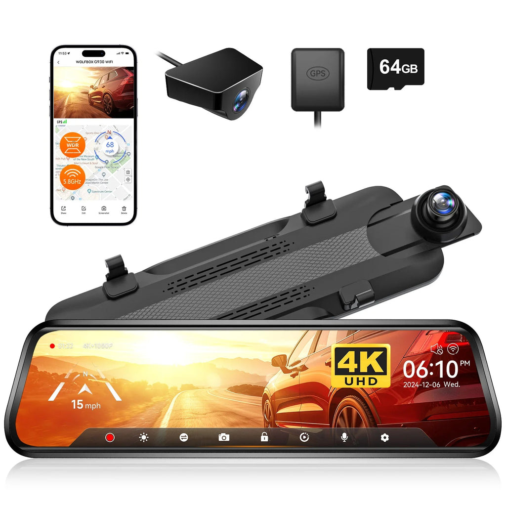 WOLFBOX G930 10 Inch Wifi Dash Camera 4K Car DVR FOV 140 Mirror Camera Dash Cam Car 24H Parking View Touch Screen Video Recorder Car Mobile World