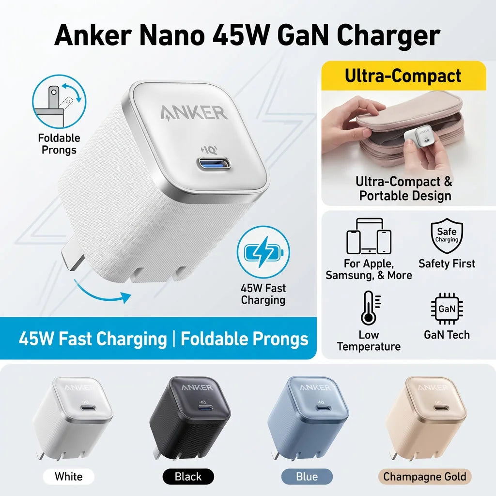 Anker Nano Pro 45W GaN USB‑C Charger PD PPS PowerIQ 3.0 Gen2 Foldable Plug Fast Wall Adapter for iPhone Samsung Huawei Xiaomi