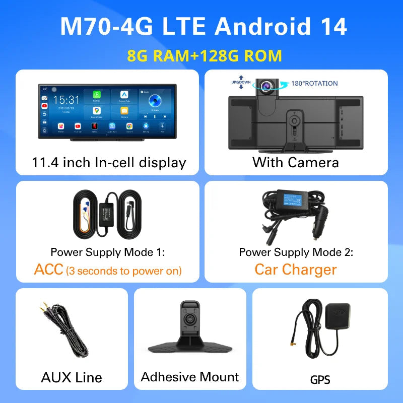 Imagebon M70 11.4" 4G Android 14 8+128G Dashcam 8 Core Wireless CarPlay & Android Auto Split Screen Remote Monitoring Car DVR Car Mobile World