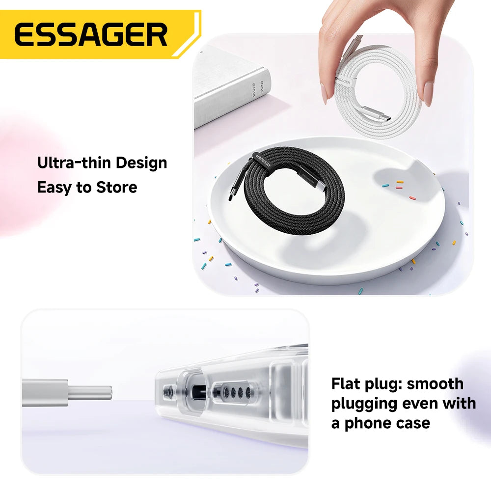 ESSAGER 100W USB C To Type C Slim Cable 5A PD Fast Charging for MacBook iPhone 17 16 Pro Max iPad Xiaomi Laptops USB-C Data Cord