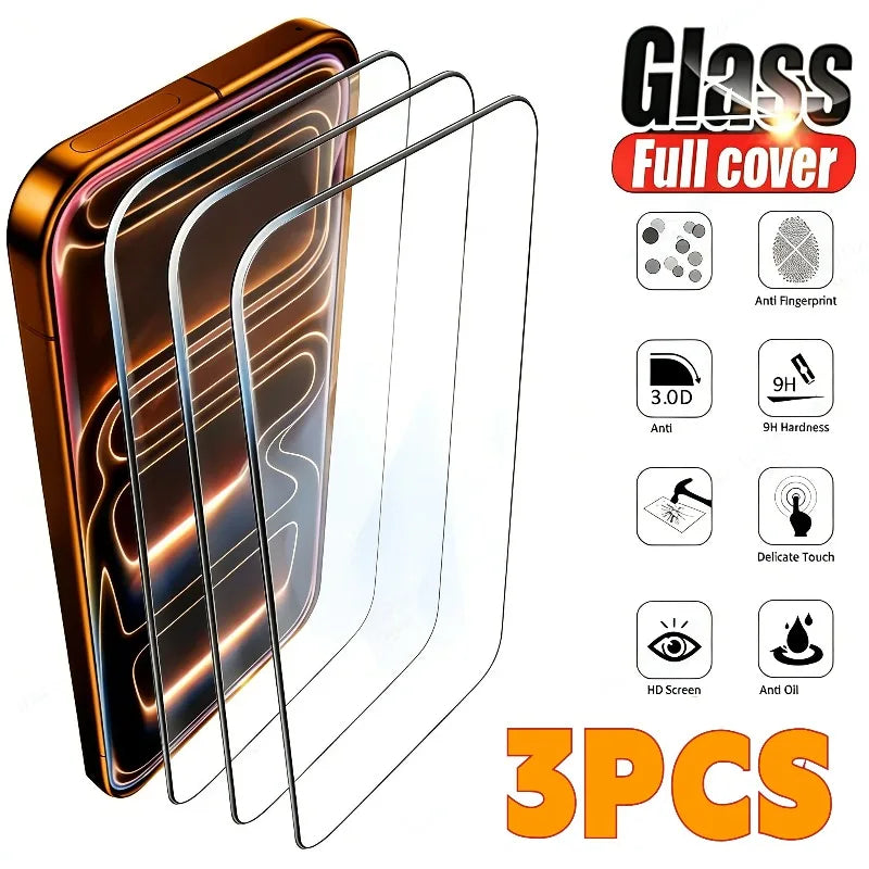 3 Pcs Tempered Glass For iPhone 17 16 15 14 13 12 11 Pro Max Plus Mini Curved Full Cover Screen Protector Car Mobile World