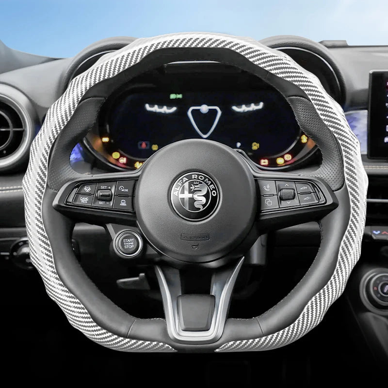Suitable for Alfa Romeo Carbon Fiber Texture Steering Wheel Cover Snap-On Wave-Shaped Sports Design Protective Case Giulia 952 Stelvio 949 147 Mito Giulietta Tonale 965 Sprint 159 Quadrifoglio Black CM World
