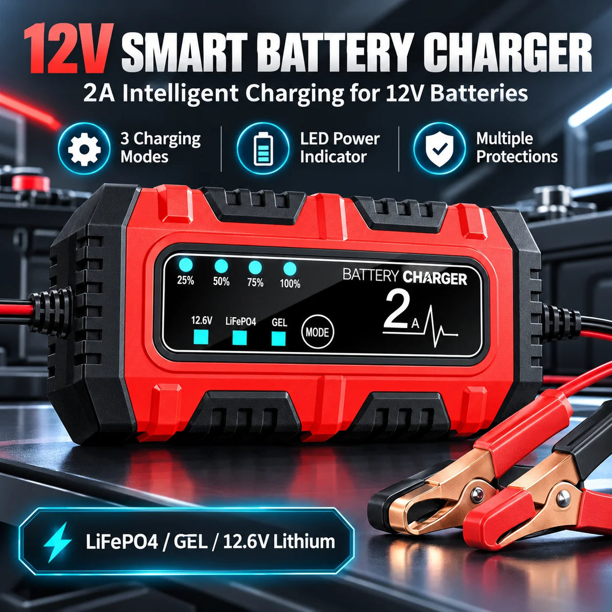 ZNLYRION Automatic 12V 2A Smart Battery Charger 3 Modes LED Power Display Portable Car Motorcycle Battery Charging Device