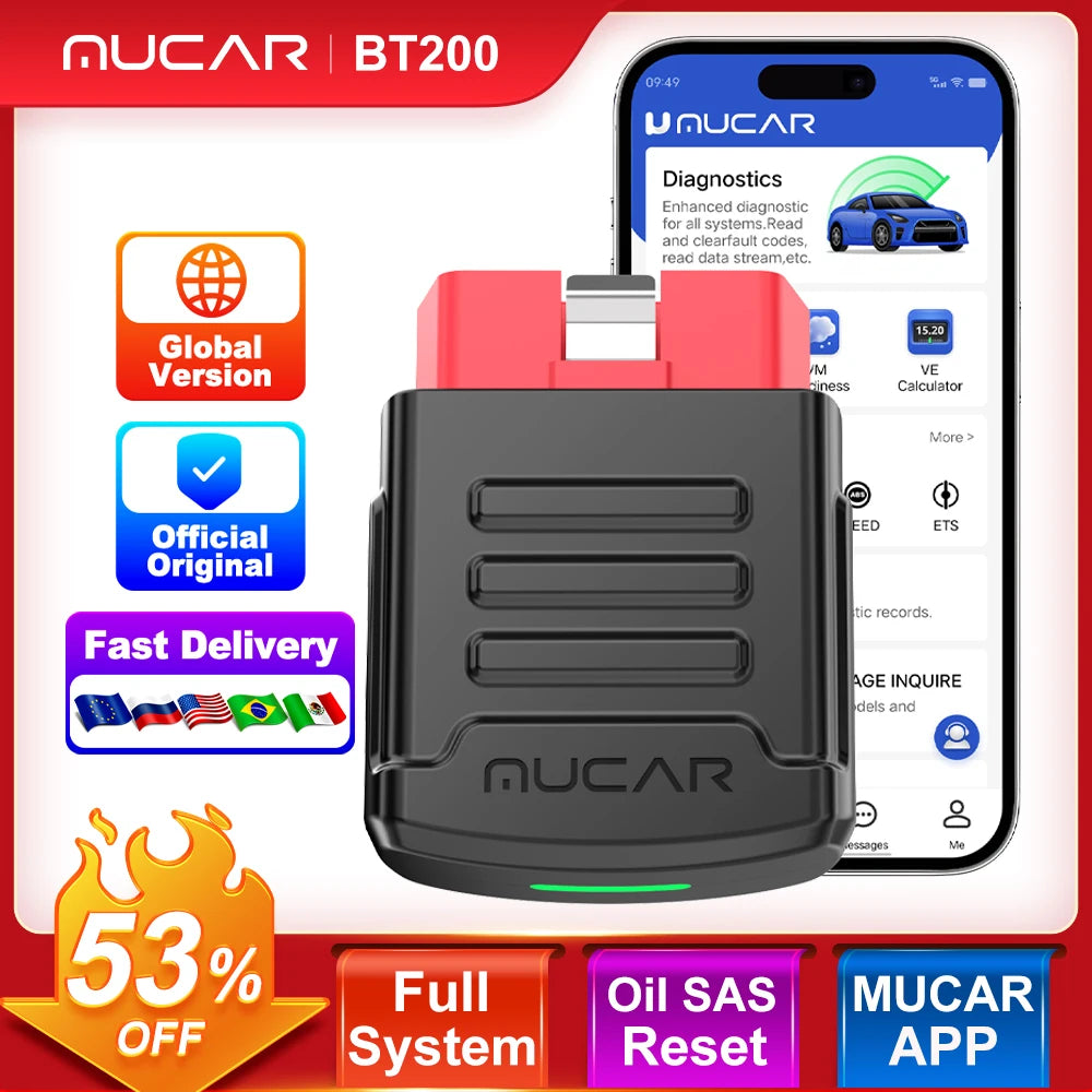 MUCAR BT200 / BT200 Pro OBD2 Scanner Auto Full System Diagnostic Lifetime Free Oil SAS Reset Free 1 Year Car Diagnosis Tools CM World