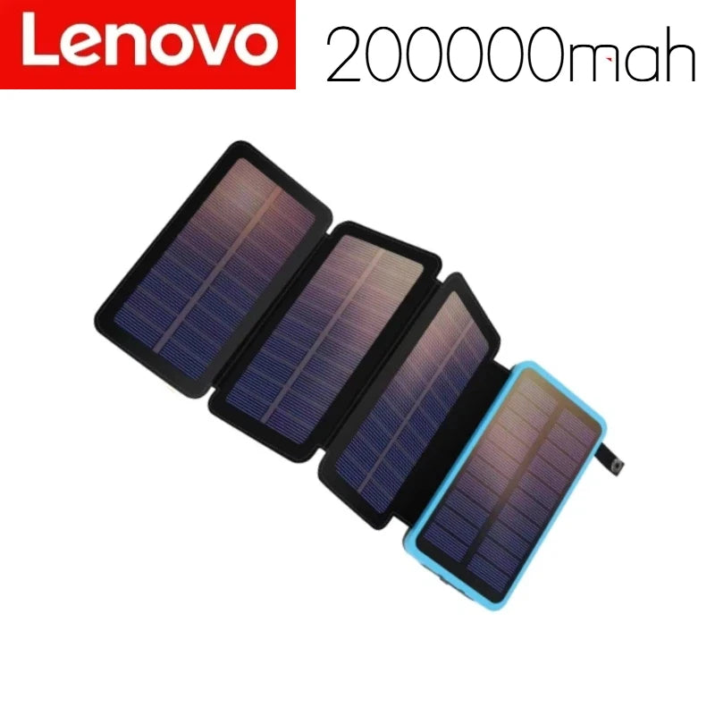 Lenovo LED Solar Power Bank  200000mAh 4 Solar Panels Wireless Charger Portable External Battery Flashlight for Outdoor Travel Car Mobile World