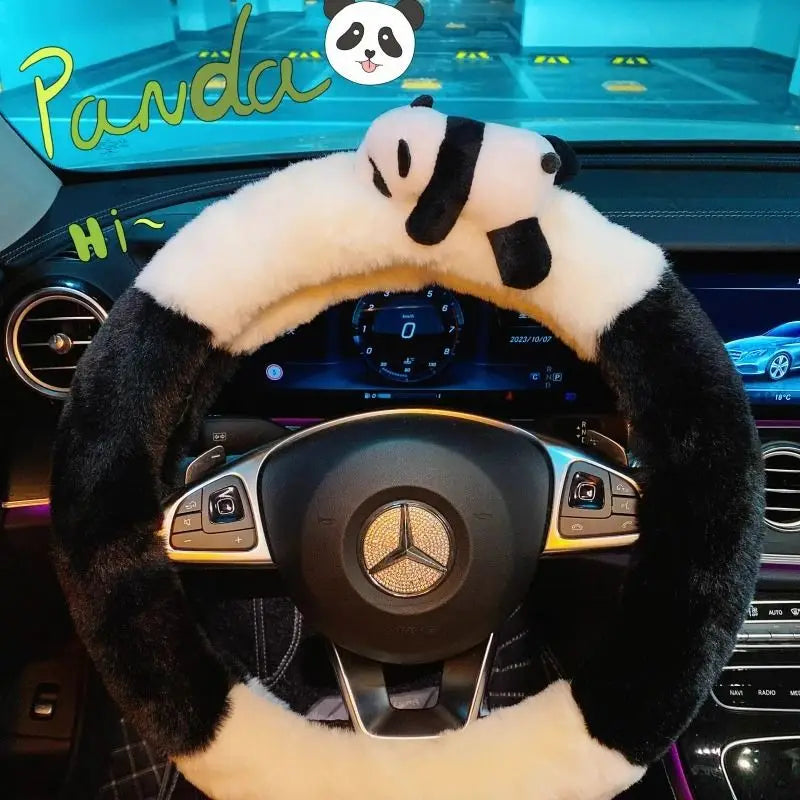 5PCS/Set Panda Plush Steering Wheel Cover for Winter Warm Non-Slip Handle & Gear Shift Cover for Women Car Interior Accessories CM World