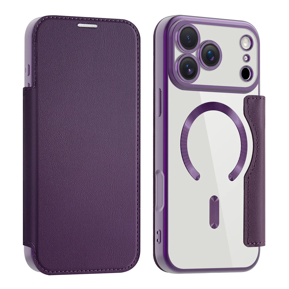 Luxury Transparent Flip Leather Wallet Magnetic Phone Case For iPhone 15 16 17 18 Pro Max 14 13 12 11 Card Bag For Magsafe Cover