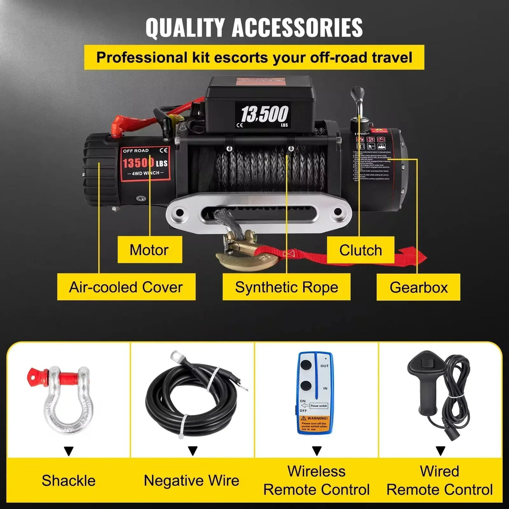 VEVOR 13500 LBS 12V Electric Winch Synthetic Tow Rope Winch 24M/92FT Lifting Hoist for 4X4 Car Trailer ATV Truck Off Road Boat CM World