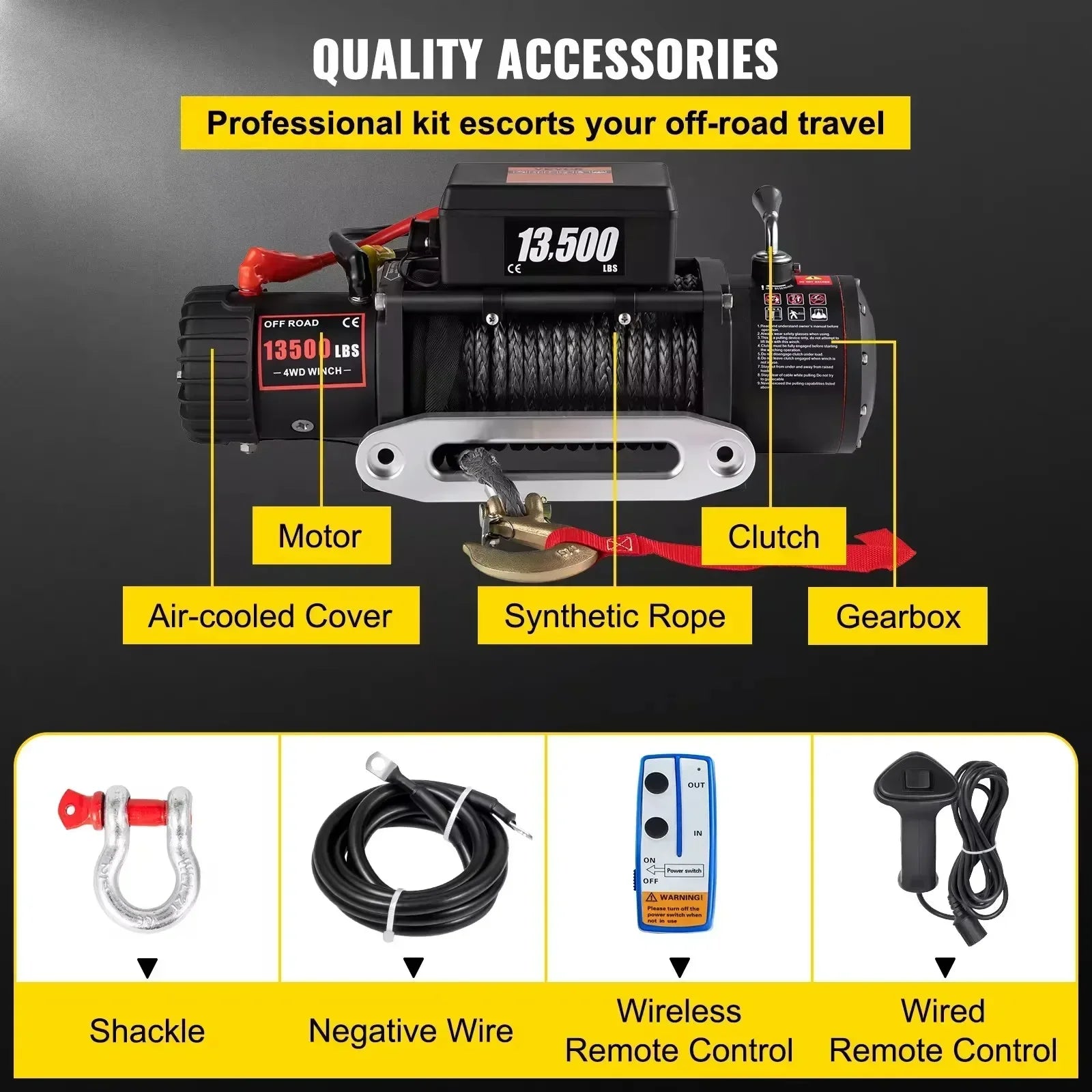 VEVOR 13500 LBS 12V Electric Winch Synthetic Tow Rope Winch 24M/92FT Lifting Hoist for 4X4 Car Trailer ATV Truck Off Road Boat CM World