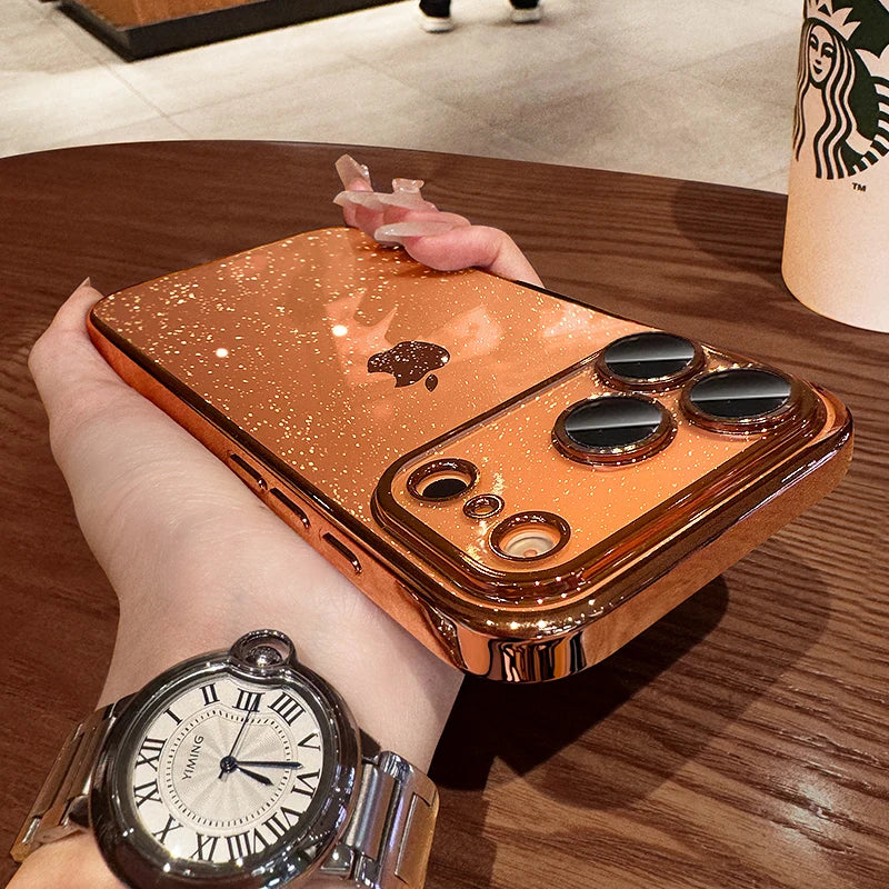 Luxury Transparent Glitter Clear Slim Case For iPhone 12 13 14 Plus 15 16 17 Pro Max Orange Pating Bumper Lens Glass Hard Cover Car Mobile World