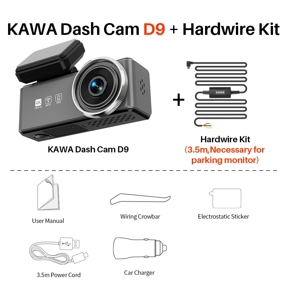 4K Dash cam Front and Rear KAWA D9,Voice Control Car DVR,WiFi6 Video Recorder,GPS Car Camera, Dashcam for AUTO,Dashcamera Car Mobile World