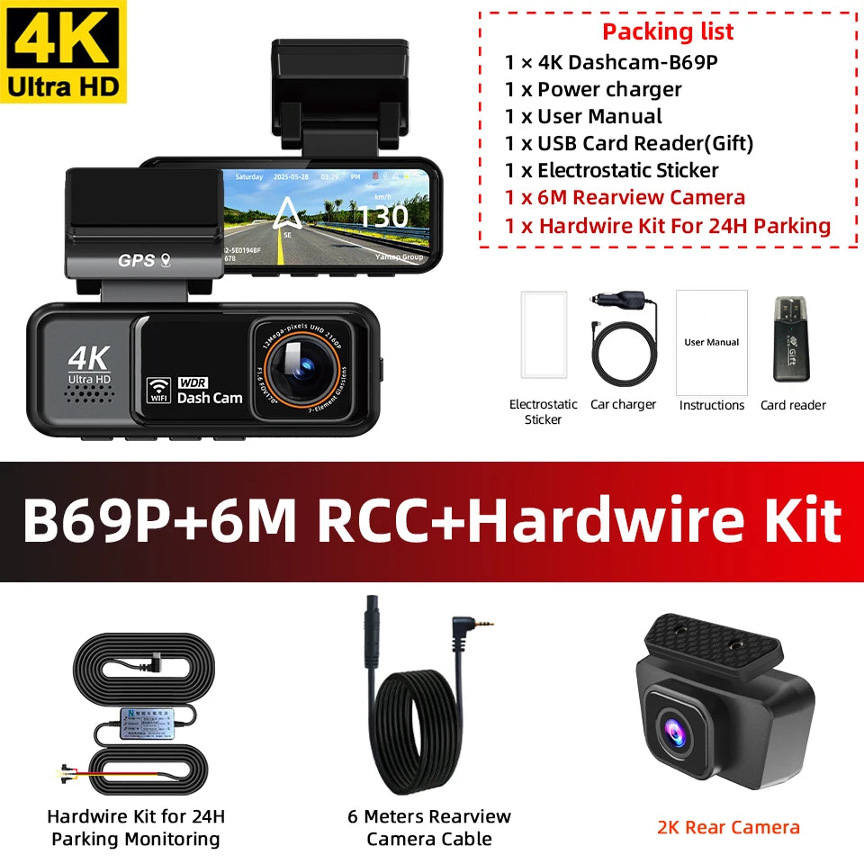 Acceo 4K Dashcam WIFI GPS CAR Video Recorder Dual Lens Support 2.5K Rear Camera Night Vision 24H Parking Monitoring Black Box Car Mobile World