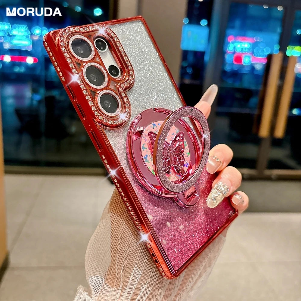 Glitter Butterfly Rotating Bracket Case for Samsung Galaxy S25 S26 Ultra S24 S23 Plus S22 FE A56 A55 A16 A54 Bling Diamond Cover