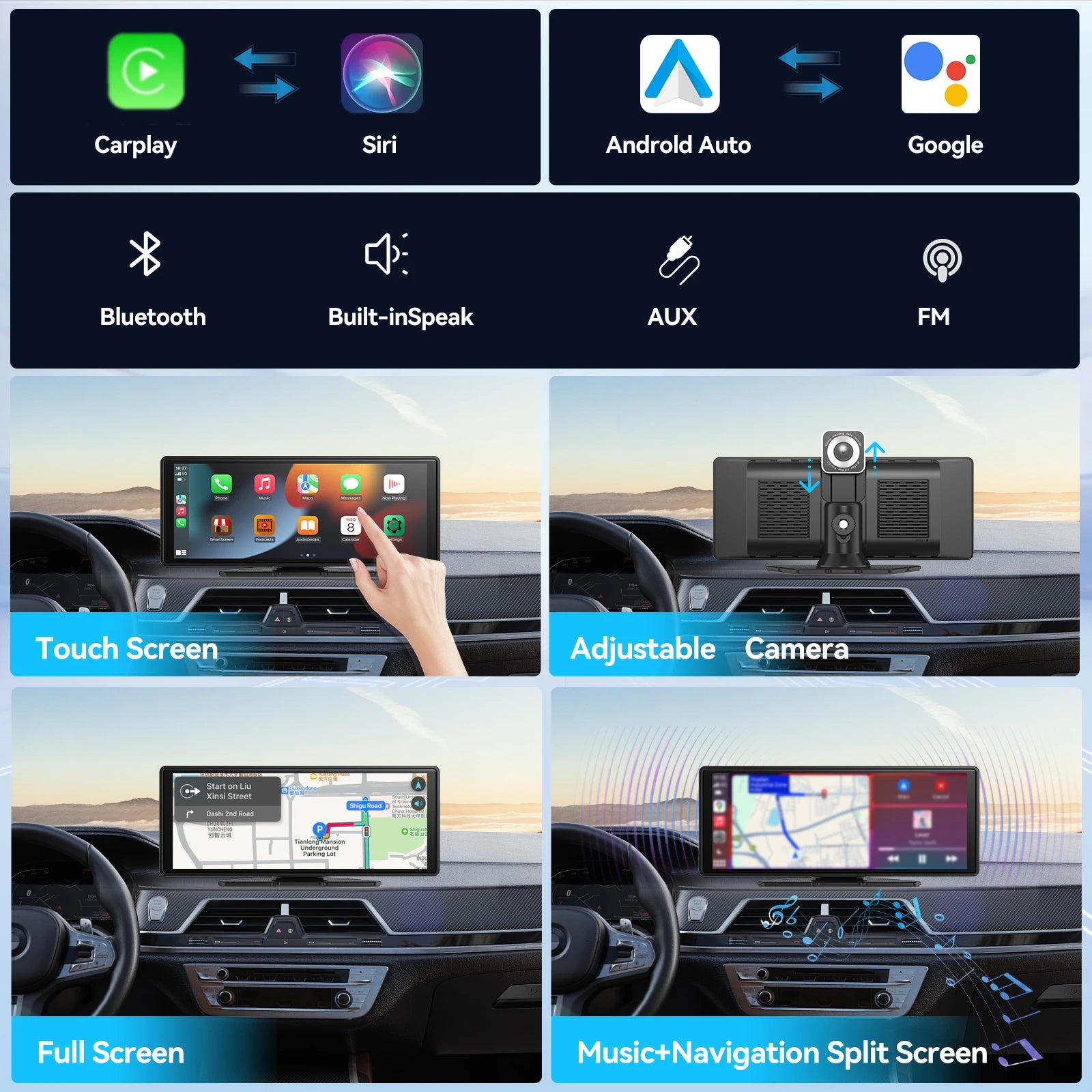 Universal Portable Carplay for Car Screen, Wireless Carplay Screen Wireless Car Stereo with Carplay Android Auto, Car Touchscree CM World