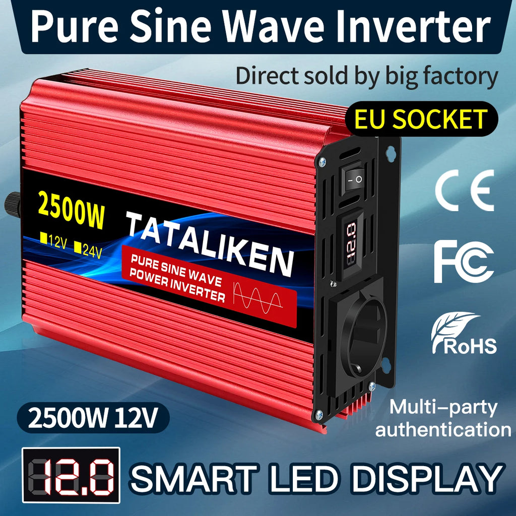 Inverter Pure Sine Wave  2500W/3500W/4500W/5000WDC 12V/24V to AC 220V 230V Voltage Transfer Converter Charging Adapter EU Socket CM World