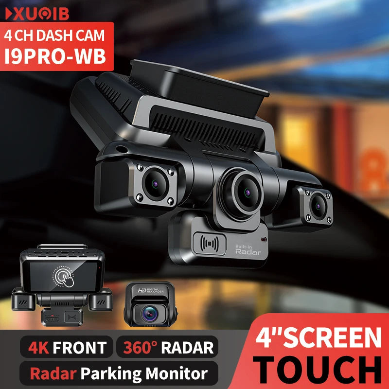 XUOIB I9pro-WB 4CH 360° Dash Cam 4K with 4'' Touch Screen Dash Car Camera 24H Parking Mode WiFi GPS Car DVR 8 IR Night Vision Car Mobile World