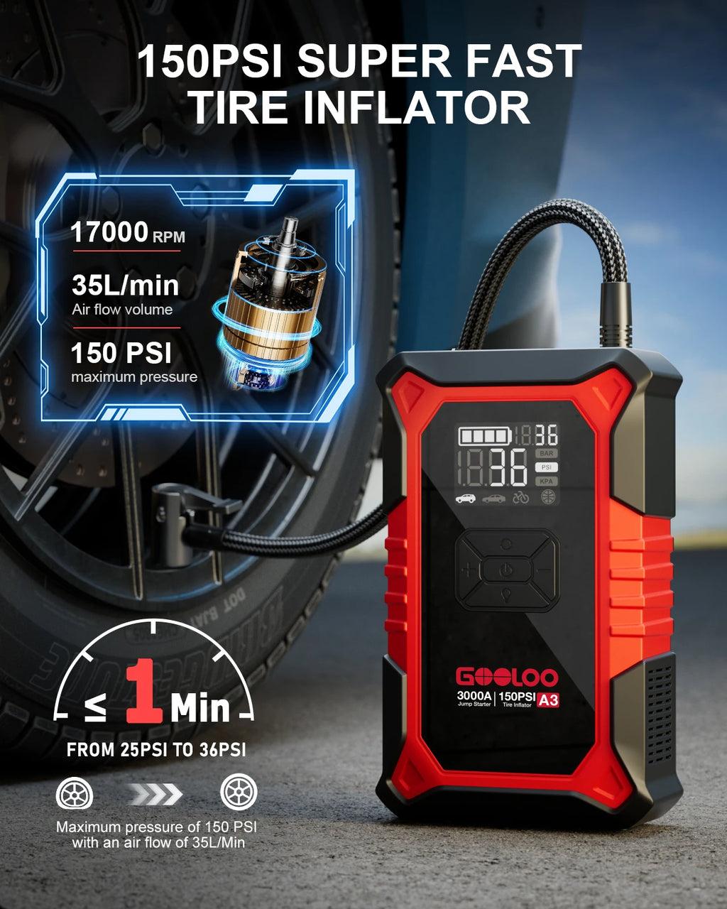 GOOLOO A3 3000A Peak Jump Starter with Air Compressor Portable Car Battery Booster for 9.0 Gas/6.5L Diesel Vehicles with 150PSI Auto-Shutoff