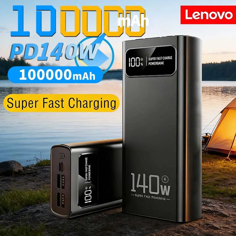Lenovo 140W Power Bank Super Fast Charging Battery High Capacity Digital Display 100000mAh Power Bank For Iphone Samsung Xiaomi Car Mobile World