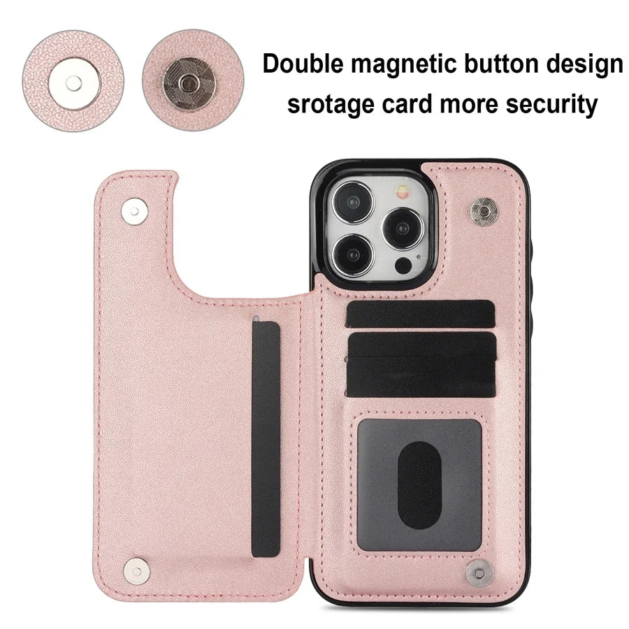 Card Slot Flip Leather Case For iPhone 16e 15 Pro Max 14 13 12 11 SE 3 2 XS XR 8 7 Plus Wallet Double Button Small Fragrant Wind